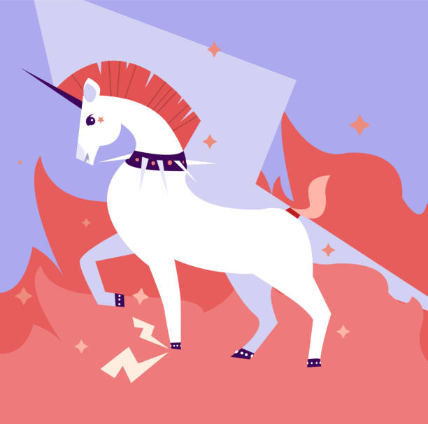 istock Vector illustration of punk unicorn rocker with red hair mohawk and lightning 1305995817