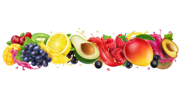 ilustraciones, imágenes clip art, dibujos animados e iconos de stock de las salpicaduras de jugo de frutas y bayas se mezclan. - frutas tropicales