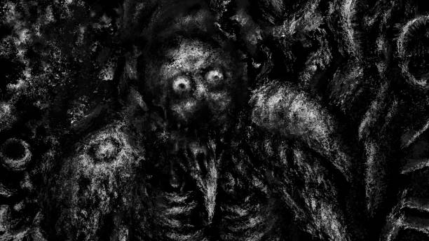 istock Killed man in dark space. Dead astronaut in broken spacesuit sits. Creepy illustration. 1305997414