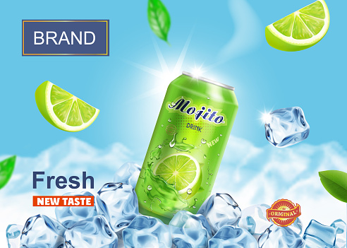 Refreshing mojito ads aluminium can in ice cubes