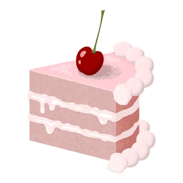 Vector illustration of Creamy  cake slice with a cherry