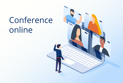 Conference meeting online concept. Live meeting on laptop. Video meeting online.Video conference landing. Live conferencing and online meeting workspace vector. Business illustration, profession event