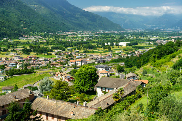 istock Panoramic view of Valtellina from Mello at summer 1305998572