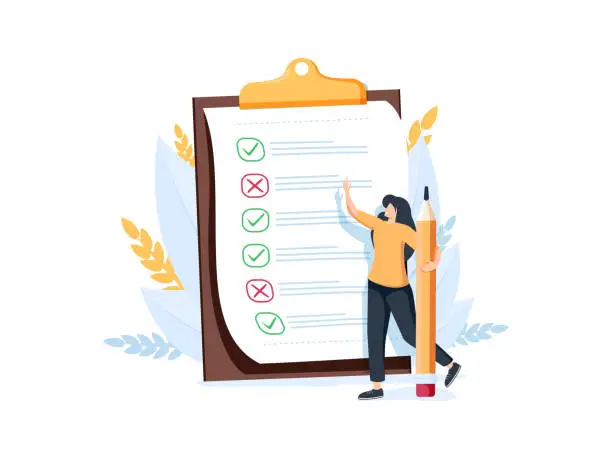 Vector illustration of Woman with pencil marking completed tasks on to-do list. Concept of time management, work planning method, organization.