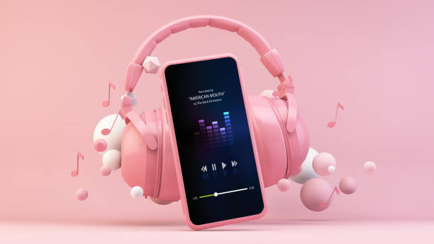 Phone with pink headphones concept Phone showing music streaming app with headphones on pink scene 3d rendering podcast mobile stock pictures, royalty-free photos & images