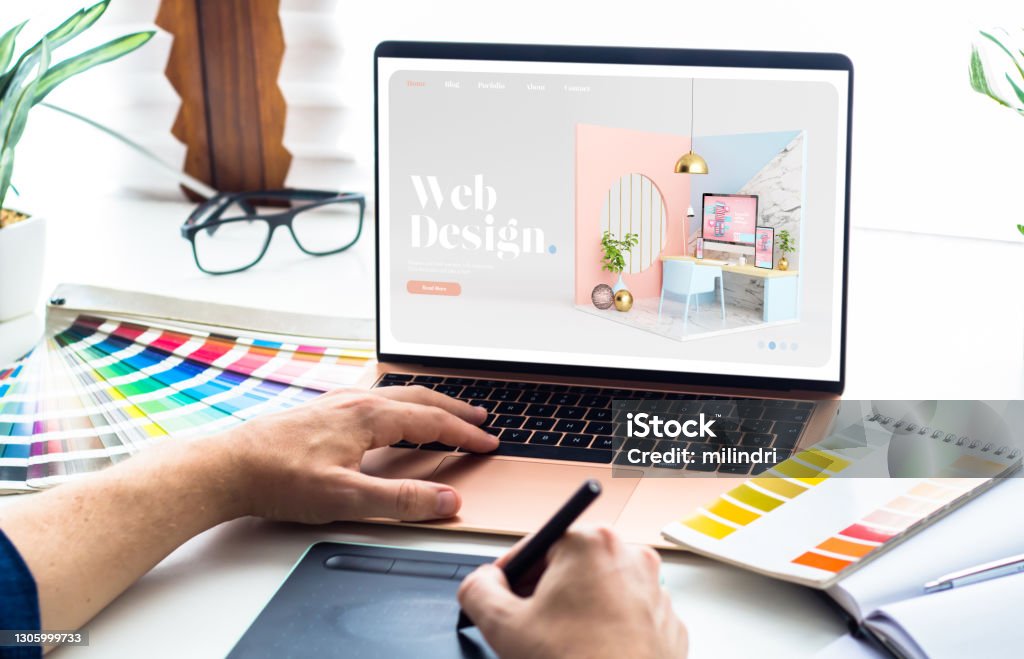 Web design desktop Web design desktop with  laptop and tools Web Design Stock Photo
