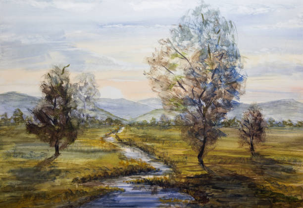 illustrations, cliparts, dessins animés et icônes de pré avec petite rivière, arbres et colline lointaine au coucher du soleil. aquarelle peinture de paysage faite à la main - paintings watercolor painting landscape autumn