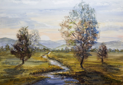 Meadow with small river, trees and distant hill at sunset. Watercolor handmade landscape painting