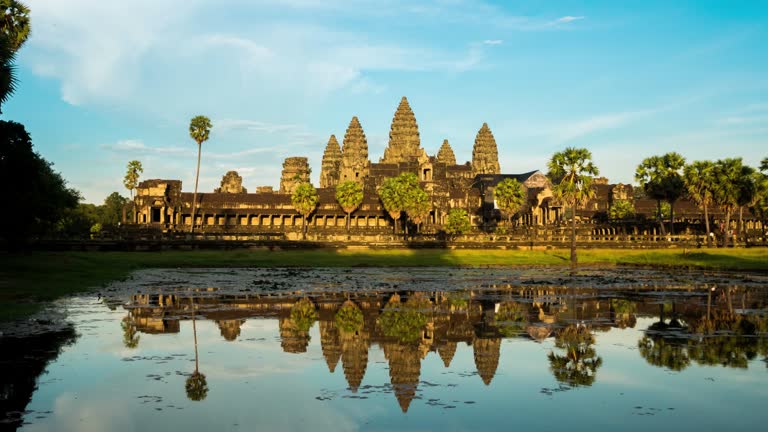 Afternoon view of reflecting pool at Angkor Wat Cambodia in Timelapse