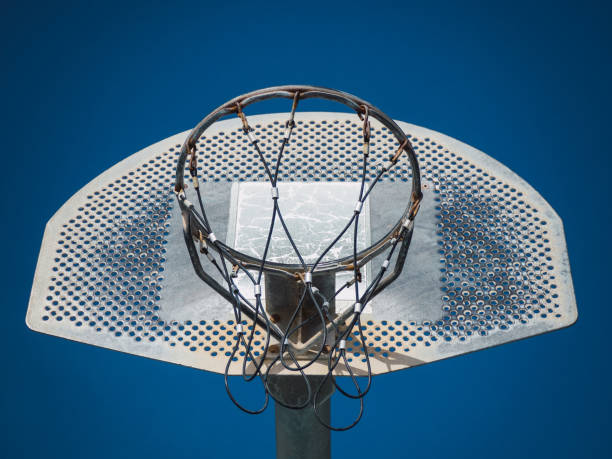 istock Basketball backboard and basket with palm trees on bright blue sky background. 1306000742