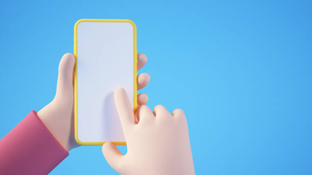 istock Cartoon hand holding yellow blank smartphone 1306001183