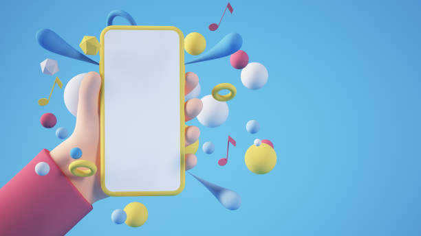 istock Cartoon hand holding yellow blank smartphone 1306001192