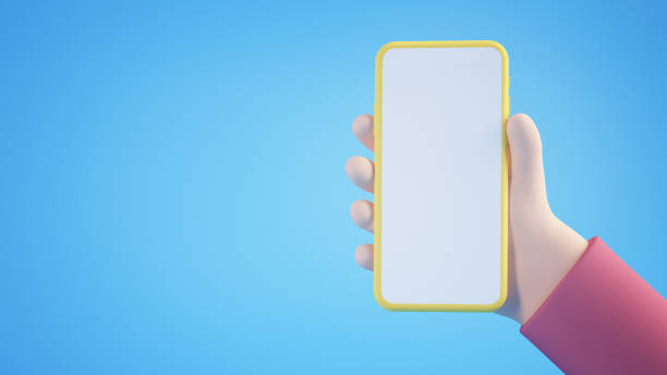 istock Cartoon hand holding yellow blank smartphone 1306001214