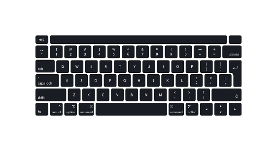 Keyboard of computer, laptop. Modern key buttons for pc. Black, white keyboard isolated on white background. Icons of control, enter, qwerty, alphabet, numbers, shift, escape. Realistic mockup. Vector