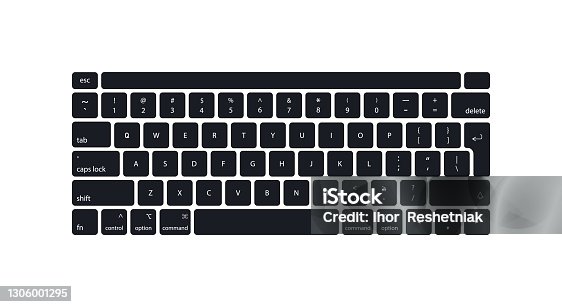 istock Keyboard of computer, laptop. Modern key buttons for pc. Black, white keyboard isolated on white background. Icon of control, enter, qwerty, alphabet, numbers, shift, escape. Realistic mockup. Vector 1306001295