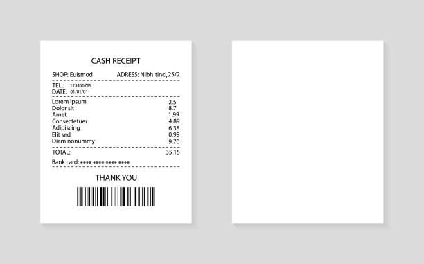 Paper receipt. Invoice for purchase in supermarket. Cash bill for payment in restaurant. Print paper receipt in atm. Fiscal invoice from terminal in shop. List of goods on reciept with cost. Vector Paper receipt. Invoice for purchase in supermarket. Cash bill for payment in restaurant. Print paper receipt in atm. Fiscal invoice from terminal in shop. List of goods on reciept with cost. Vector. receipt vector stock illustrations