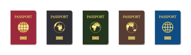 ilustrações de stock, clip art, desenhos animados e ícones de passport cover. leather cover of passport citizen. template of biometric international document with chip. golden globe on red and blue background. icon for travel, citizenship, immigration. vector. - emigration and immigration global communications passport australia