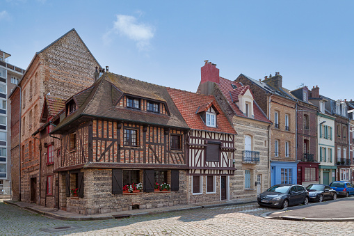 Dieppe, France - September 11 2020: Old half-timbered townhouses at the corner of rue Théophile Gelée and rue des Cordiers.