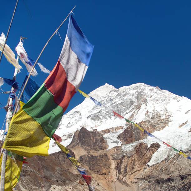 istock Mount Makalu and buddhist prayer flags 1306002742