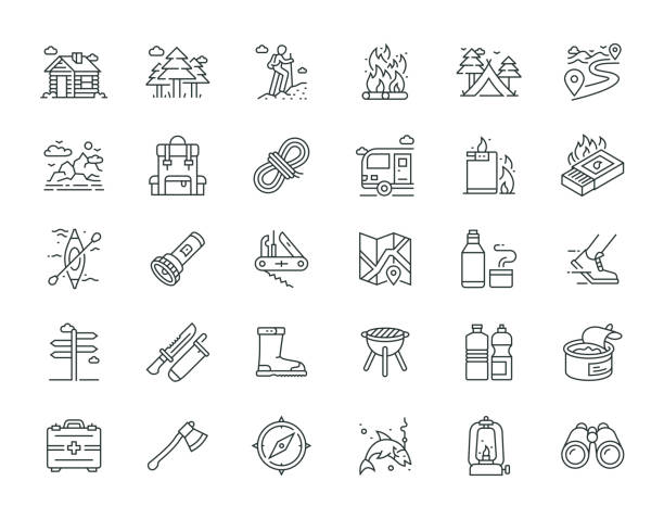 outdoor recreation thin line icon set serie - computer icon symbol water bottle icon set stock-grafiken, -clipart, -cartoons und -symbole