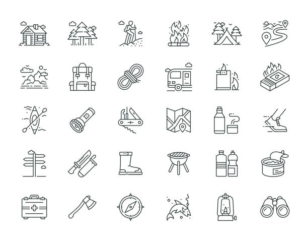 outdoor recreation thin line icon set seria - compass drawing compass map cartography stock illustrations