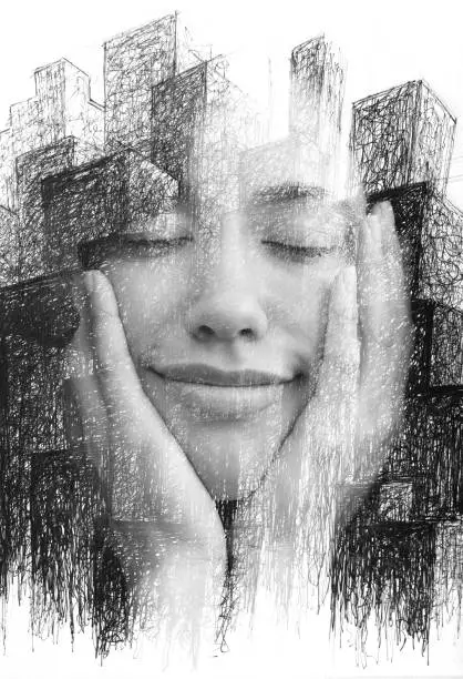 Photo of A paintography portrait of a half smiling young woman with eyes closed holding her chin with hands
