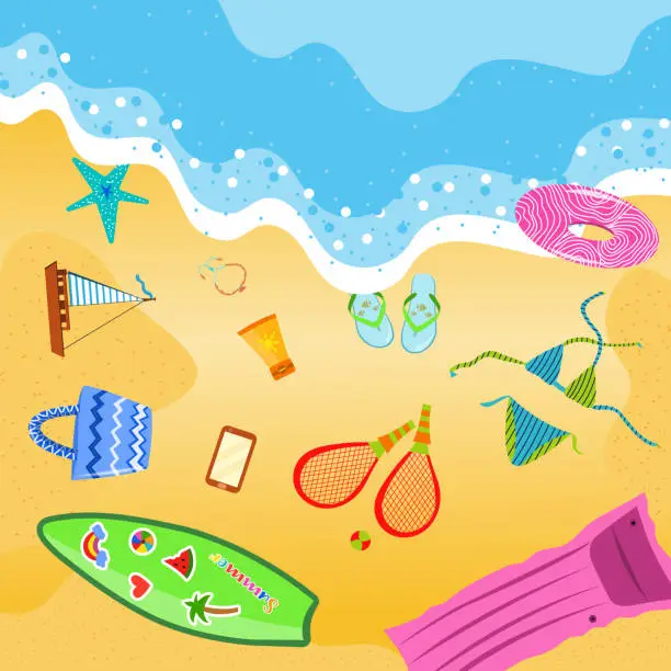 Vector illustration of Summer beach items. Summer accessories on the sand. Waves of sea. Top view. Beach time. Swimming accessories. Vector flat illustration.