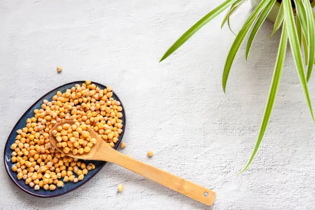 Photo of Black bowl chickpeas with wood spoon and green botanic plant white copy space concrete background, top view flat lay