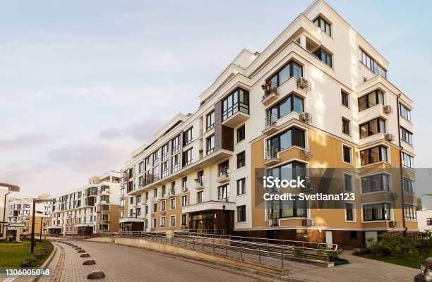 Lowrise Houses Mixeduse Urban Multifamily Residential District Area Development Blue Sunny Sky Background Stock Photo - Download Image Now