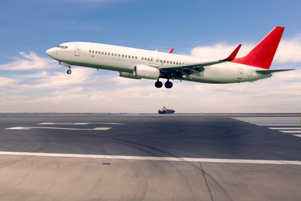 istock Airplane landing near container port. Transportation concept. 1306006342