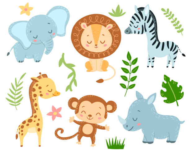 illustrations, cliparts, dessins animés et icônes de doodle style flat vector cartoon safari animals set - cartoon giraffe young animal africa