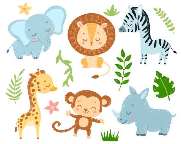ilustrações, clipart, desenhos animados e ícones de estilo doodle estilo vetor desenho animado safari animais conjunto - zebra animal isolated young animal