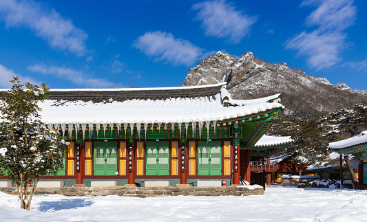 Snowy Baekyangsa Temple, winter landscape in South Korea.
