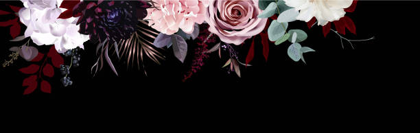 ilustrações de stock, clip art, desenhos animados e ícones de elegant dark banner, arranged leaves and flowers - backgrounds pink luxury dark