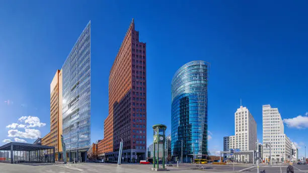panoramic view at the potsdamer platz under a blue sky