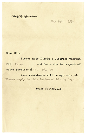 A letter from a British company of bailiffs written on 14th May 1959 asking for a remittance of £11.16s. 2d in payment of Rates. (Identifying details removed.)