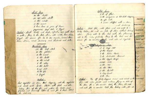 recetas de sopa de catering manuscritas para una cocina militar - cookbook recipe book old fotografías e imágenes de stock