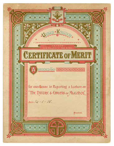 A certificate of merit from a British temperance society, dated 18th December 1912. (All identifying details removed.)