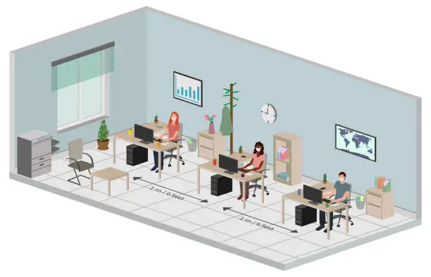 Vector illustration of Isometric Perspective Office Workers in Social Distance