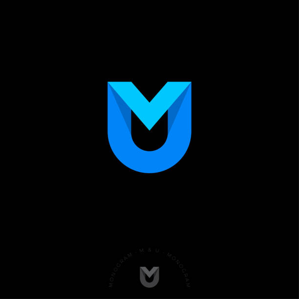 M and U letter. M, U origami monogram consist of blue ribbon. Web, UI icon, isolated on a dark background. the letter u stock illustrations