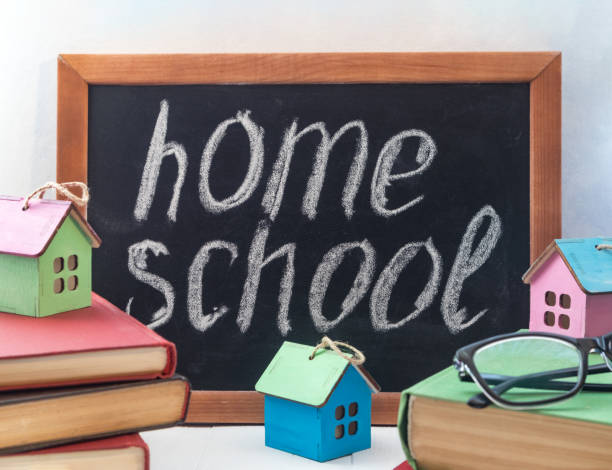 istock A stack of books or textbooks with a small decorative house and a blackboard with space for text. The concept of home education. 1306014273