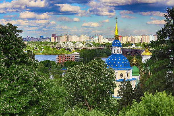 View of Vydubychi monastery and the city Kyiv in the spring, Ukraine stock photo