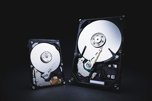 close-up view of the hard disk drives