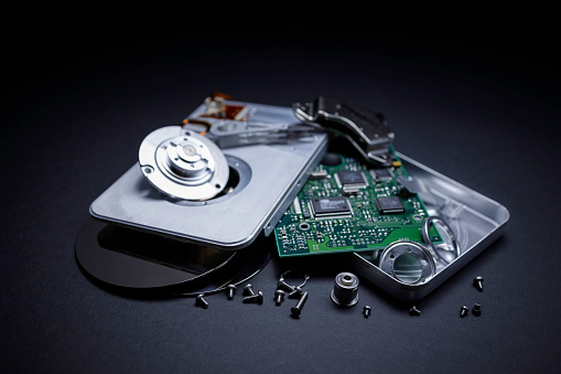 close-up view of the disassembled hard disk drive