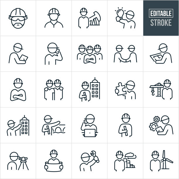 Engineers Thin Line Icons - Editable Stroke A set of engineers icons that include editable strokes or outlines using the EPS vector file. The icons include engineers, surveyor, engineer holding blueprint with building in background, engineer with construction crane in the background, engineer with hardhat, skyscraper, two engineers shaking hands, engineer pointing to high rise building, engineer holding up a wrench, engineer holding a lightbulb, engineer holding up a puzzle piece, engineer talking on a mobile phone, engineer standing in front of an oil refinery, engineer standing in front of a wind turbine, engineer reviewing a blueprint, an engineer in front of a pump jack and a team of three engineers standing together to name just a few. manager drawings stock illustrations