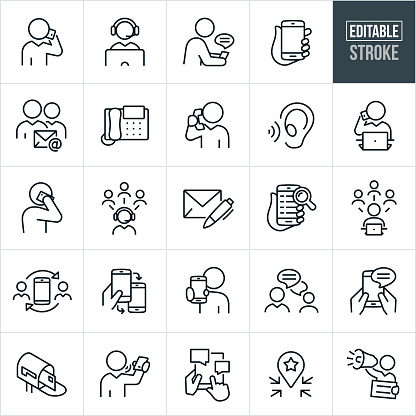 A set of contact methods icons. The icons have editable strokes or outlines when using the vector file format. The icons include a a person talking on a mobile phone, customer support representative behind computer while wearing a headset, a person using a mobile phone to text, a hand holding a smartphone, two people emailing each other, an office phone, business person talking on an office phone, a listening ear, person on mobile phone while on laptop, a letter with a pen, an internet search on a mobile device, person on a computer using social media, two people chatting, a mailbox with a letter, a tablet pc being used to communicate and a person using a bullhorn to communicate to name just a few.