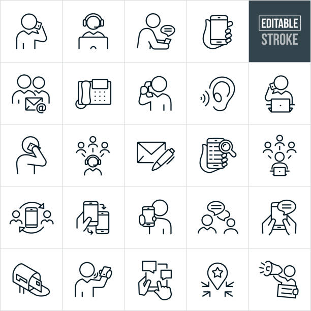 Contact Methods Thin Line Icons - Editable Stroke A set of contact methods icons. The icons have editable strokes or outlines when using the vector file format. The icons include a a person talking on a mobile phone, customer support representative behind computer while wearing a headset, a person using a mobile phone to text, a hand holding a smartphone, two people emailing each other, an office phone, business person talking on an office phone, a listening ear, person on mobile phone while on laptop, a letter with a pen, an internet search on a mobile device, person on a computer using social media, two people chatting, a mailbox with a letter, a tablet pc being used to communicate and a person using a bullhorn to communicate to name just a few. person using computer icon stock illustrations