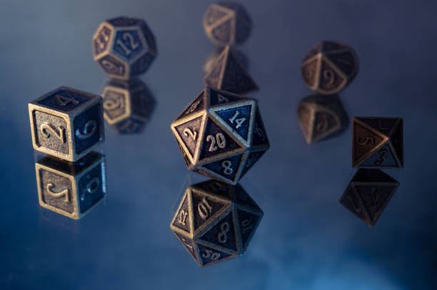 Set of bronze rpg dice and reflection