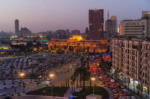 Tahrir Square in Cairo at sunset