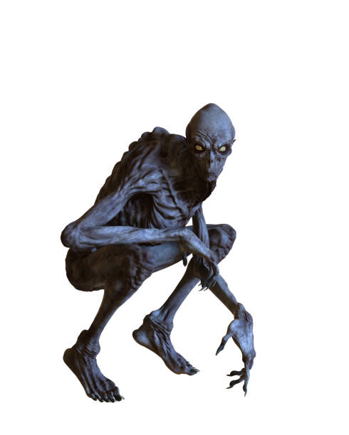 Boogeyman fantasy monster from childhood nightmares squating and looking at camera. 3D illustration isolated on white background.